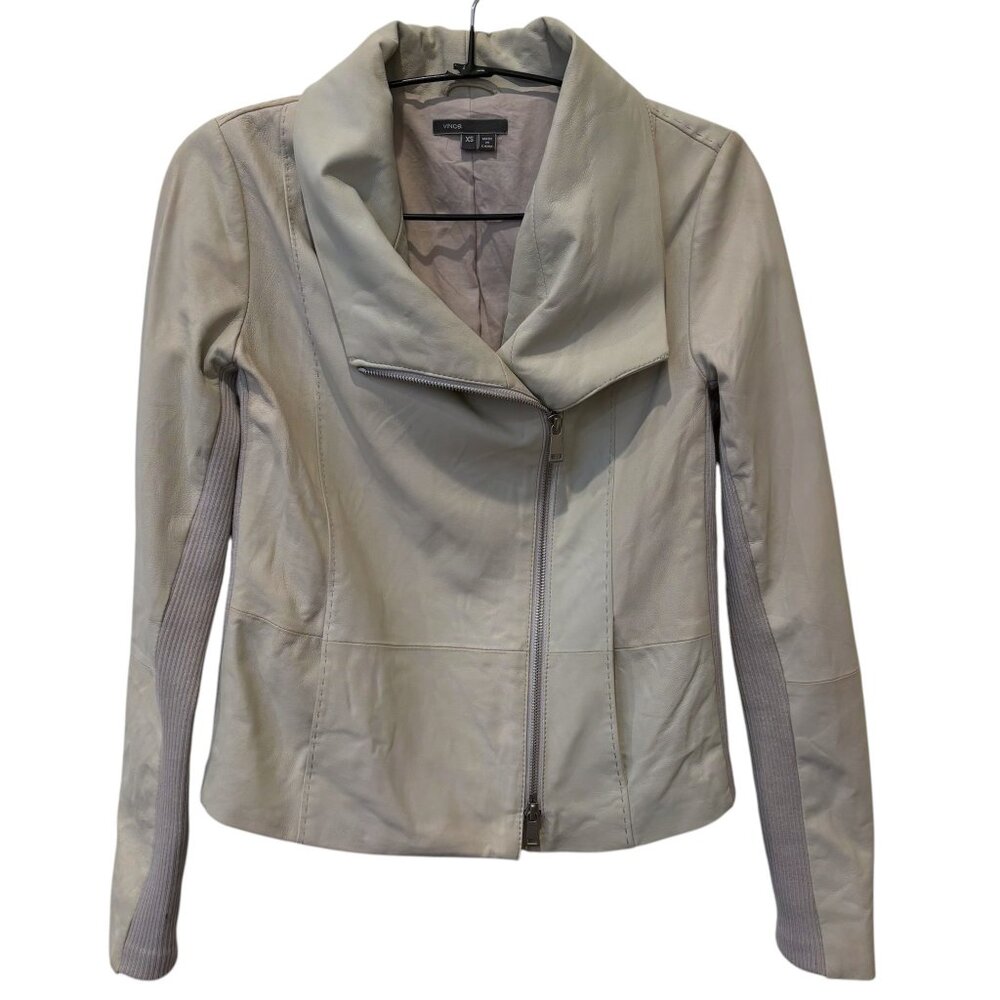 Vince Beige Goat Leather Jacket XS Cashmere-Blend Trim Y2K‎ Archive Indie Sleaze